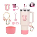 Pink 40oz tumbler accessories set with letter U charm and protective silicone boot - Letter U (Style 21)