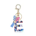 Porte-clés lettre E en résine avec paillettes cœur, papillon et pompon bleu décoratif - Lettre E-Thème Paillettes Bleues (QS2157)