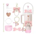 Pink accessories set for 40oz tumblers with straw cover, pearl handle and silicone boot - Letter P Style