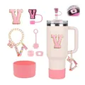 Pink Stanley cup accessory set with initial V patch and butterfly charm for 40oz tumblers - Letter V (Style 22)