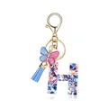 Porte-clés lettre H en résine avec cœurs colorés, papillon pailleté et pompon bleu - Lettre H-Thème Paillettes Bleues (QS2157)