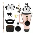 Pink 40oz tumbler with black glitter bow straw cover and heart charm accessory set - Black and White Glitter Bow Style