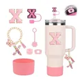 Pink Stanley cup accessory set with silicone boot and personalized glitter letter charm - Letter X (Style 24)