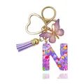 Portachiavi lettera N in resina viola con brillantini, farfalla e nappa viola - Lettera N (Stile 13)