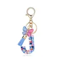 Porte-clés lettre J en résine dorée avec paillettes cœur et pompon bleu clair - Lettre J-Thème Paillettes Bleues (QS2157)