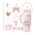 Pink Stanley cup accessory set with pearl chain, leather bow, and pink silicone boot - Letter T Style
