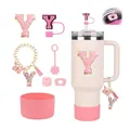 Pink Stanley accessories set for 40oz tumbler with glitter Y charm and straw cover - Letter Y (Style 25)