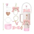 Pink Stanley cup accessory set with glitter boot, pearl chain and rhinestone straw cover - Style Letter V