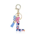 Porte-clés lettre L en résine avec paillettes colorées, papillon bleu et pompon doux - Lettre L-Thème Paillettes Bleues (QS2157)