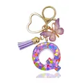 Portachiavi lettera Q in resina viola con glitter a cuore, nappa e farfalla - Lettera Q (Stile 15)