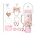 Pink Stanley cup accessory set with pearl handle, bow charm, and glittery straw cover - Letter W Style