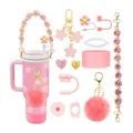 Pink Stanley cup accessory set with floral handle, straw cover and heart charms - Pink Flower Style