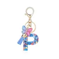 Porte-clés lettre P en résine avec paillettes cœur, pompon bleu et breloque papillon - Lettre P-Thème Paillettes Bleues (QS2157)