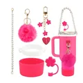 Pink Stanley cup accessory set with floral straw cover, pearl chain and silicone boot - Rose Red