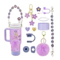 Lavender purple 40oz tumbler set with silicone straw cover and floral accessories - Purple Floral Style
