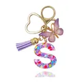 Portachiavi con lettera S in resina viola, ciondolo a farfalla, cuore e nappa - Lettera S (Stile 17)