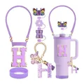 Kit d'accessoires violet pour gobelet Stanley avec breloque lettre H et protection silicone - Ensemble Violet Lavande (Style 8) - Lettre A