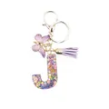 Resin letter J keychain with purple tassel, butterfly pendant and glitter floral filling - Style 10