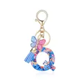 Porte-clés lettre Q en résine avec paillettes de cœur, pompon bleu et papillon - Lettre Q-Thème Paillettes Bleues (QS2157)