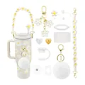 Pink 40oz floral tumbler set with daisy print, woven handle, and silicone accessories - White Daisy Style