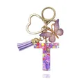 Portachiavi lettera T in resina con paillettes viola, farfalla e nappa di seta - Lettera T (Stile 18)