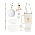 Pink accessories set for Stanley cup featuring silicone flower topper and pearl chain - Cream