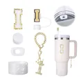 Kit accessoires lettre I avec botte scintillante et bouchon paille pour gobelet - Ensemble 4 Pièces Pailleté Blanc Argent (A)