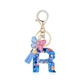 Porte-clés lettre R en résine avec paillettes, papillon dégradé et gland bleu clair - Lettre R-Thème Paillettes Bleues (QS2157)
