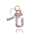 Portachiavi con lettera U, nappa viola e farfalla su anello a forma di cuore - Lettera U (Stile 19)
