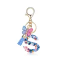 Porte-clés lettre S en résine avec paillettes cœur, pompon bleu et pendentif papillon - Lettre S-Thème Paillettes Bleues (QS2157)