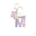 Resin letter M keychain with purple tassel, butterfly charm and colorful sequins - Letter M (Style 13)