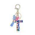 Porte-clés lettre T en résine avec paillettes cœur et charm papillon bleu - Lettre T-Thème Paillettes Bleues (QS2157)