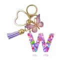 Portachiavi lettera W in resina viola con farfalla glitterata e nappa dorata - Lettera W (Stile 21)