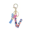 Porte-clés lettre V en résine avec motif floral, pompon bleu et pendentif papillon - Lettre V-Thème Paillettes Bleues (QS2157)