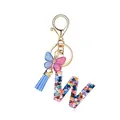 Porte-clés lettre W en résine avec paillettes cœur, papillon et pompon bleu ciel - Lettre W-Thème Paillettes Bleues (QS2157)