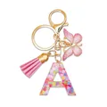 Resin letter A keychain with pink butterfly tassel and colorful heart-shaped sequins - Letter A (Style 1)
