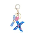 Porte-clés lettre X en résine avec paillettes, pendentif papillon et pompon bleu soyeux - Lettre X-Thème Paillettes Bleues (QS2157)