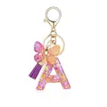 Porte-clés lettre A en résine avec pompon violet, papillon doré et paillettes colorées - Lettre A-Thème Floral Violet Orange (QS2157)
