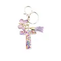 Resin alphabet T keychain with purple butterfly charm and leather tassel accessory - Style 20