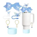 Set accessori blu per Stanley Cup con fiocco glitterato, copri cannuccia e base in silicone - Stile 1