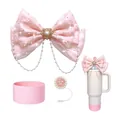 Pink bow accessory set with pearl chain and silicone boot for Stanley tumblers - Pink