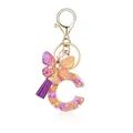 Porte-clés lettre C en résine avec paillettes dorées, papillon violet et pompon - Lettre C-Thème Floral Violet Orange (QS2157)