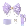 Sparkly purple bow straw cover and silicone boot set for cups with pearl heart details - Purple