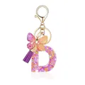 Porte-clés lettre B en résine avec paillettes violettes papillon et pompon en soie - Lettre B-Style 2-Thème Floral Violet Orange (QS2157)