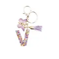 Letter V resin keychain with purple tassel and butterfly charm in golden metal hardware - Style 22