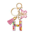 Resin initial H keychain with colorful heart sequins, pink tassel and butterfly charm - Letter H (Style 7)