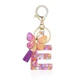 Porte-clés lettre E en résine violette avec paillettes, papillon et pompon en soie - Lettre E-Thème Floral Violet Orange (QS2157)