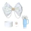 Creamy white bow with pearls and rhinestones, plus silicone boot and flower straw cap - Cream White