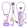 Set d'accessoires violet pour gobelet Stanley avec breloque J, protection et paille - Ensemble Papillon Pailleté Violet - Lettre A