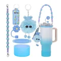 Blue and white 40oz tumbler accessory set with woven strap and daisy straw cover - Blue Palm Tree Style (Pattern 2)
